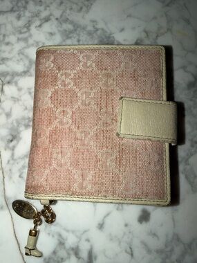VINTAGE GUCCI Pink Monogram Canvas Bifold Wallet with Boot Charm